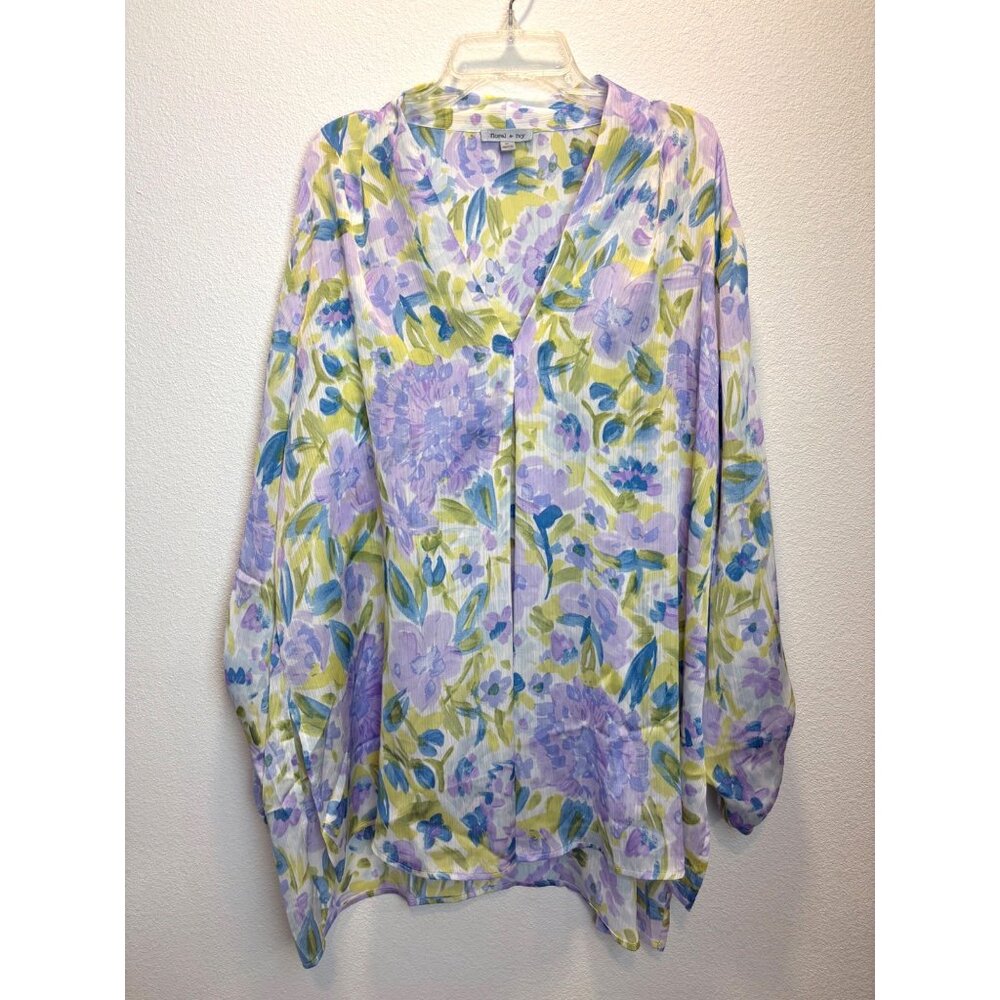 Floral & Ivy‎ Womens XL Blouse Purple & Green Floral Print Lightweight Polyester